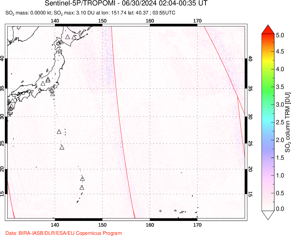 A sulfur dioxide image over Western Pacific on Jun 30, 2024.