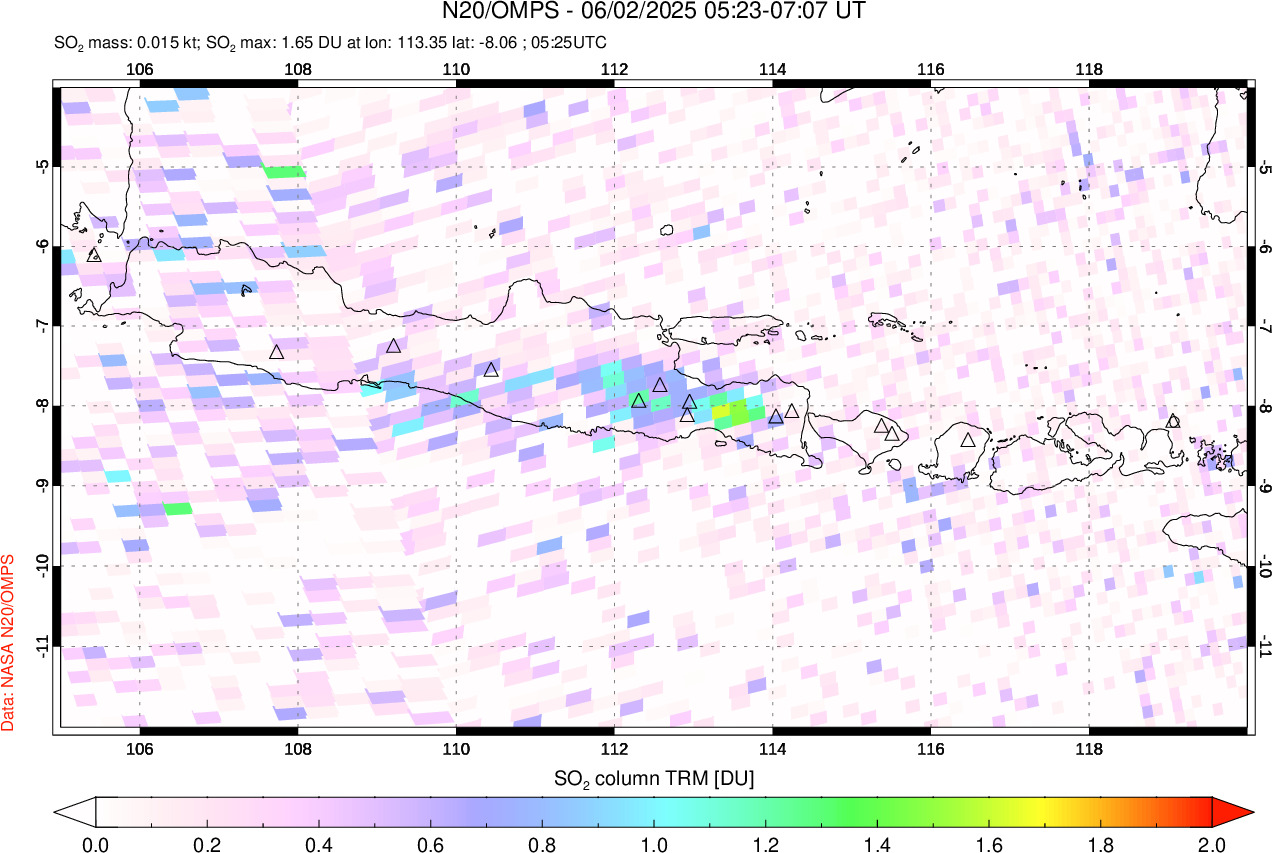 A sulfur dioxide image over Java, Indonesia on Jun 02, 2025.
