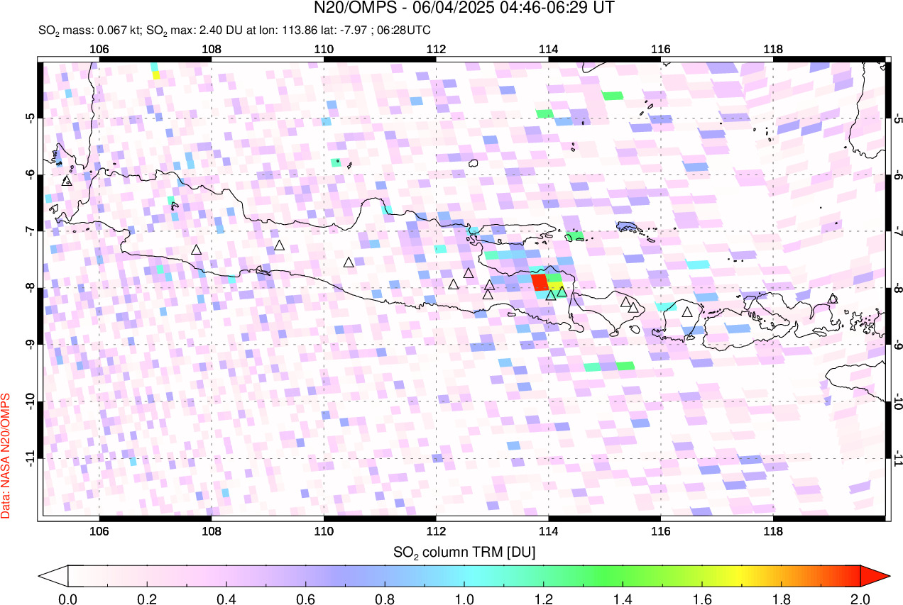 A sulfur dioxide image over Java, Indonesia on Jun 04, 2025.