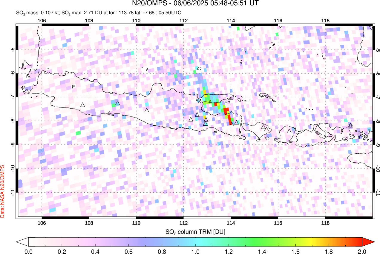 A sulfur dioxide image over Java, Indonesia on Jun 06, 2025.