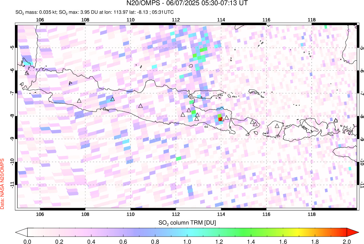 A sulfur dioxide image over Java, Indonesia on Jun 07, 2025.