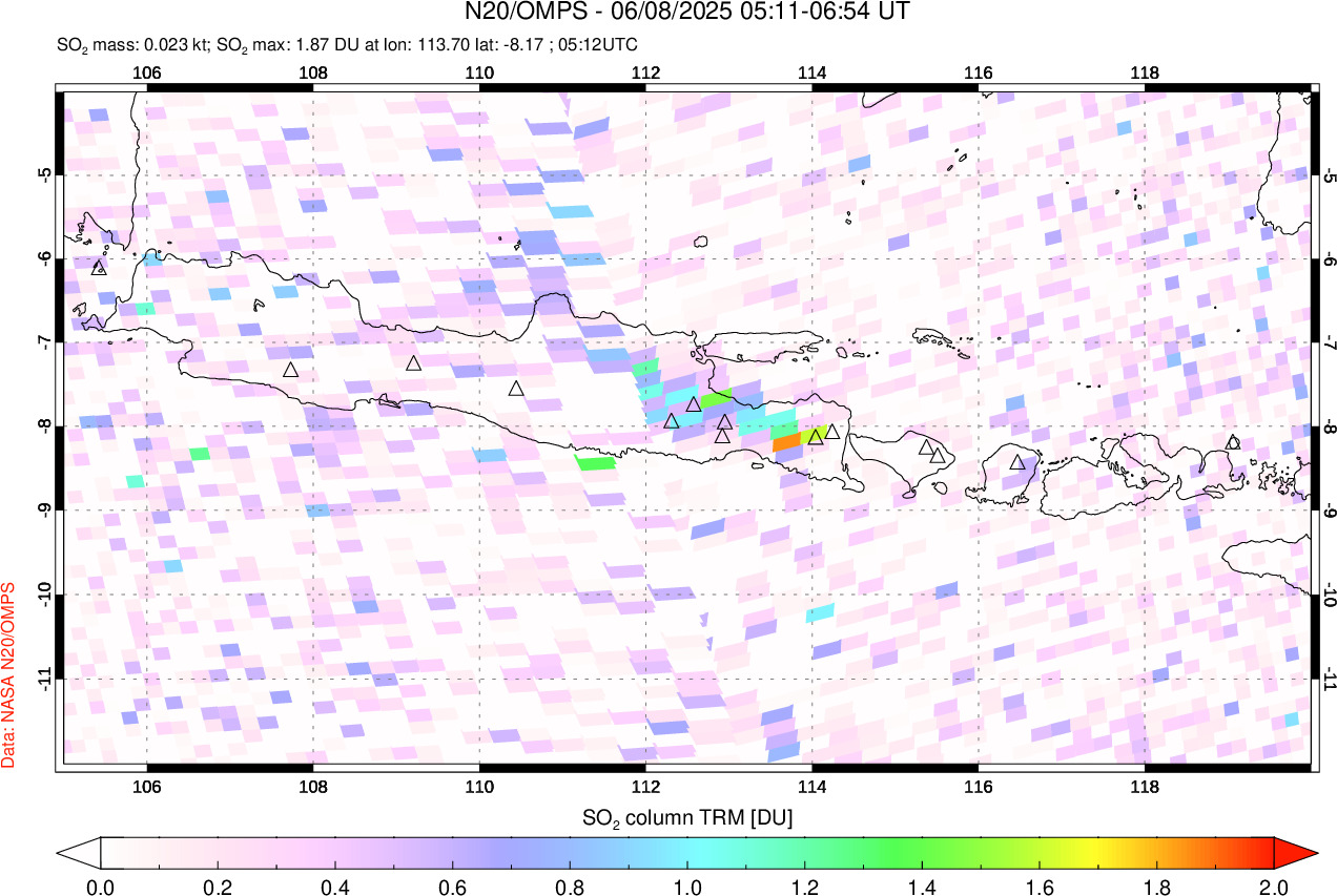 A sulfur dioxide image over Java, Indonesia on Jun 08, 2025.