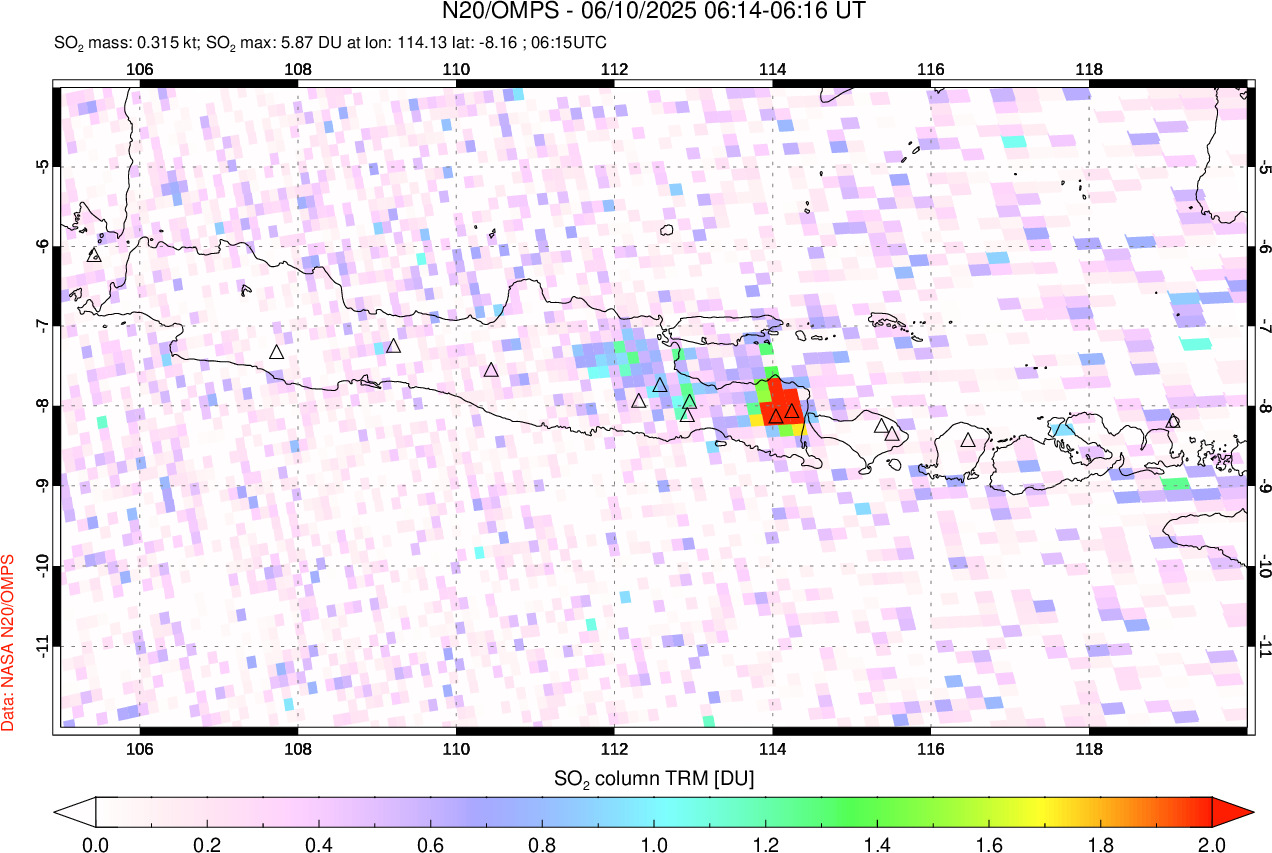 A sulfur dioxide image over Java, Indonesia on Jun 10, 2025.