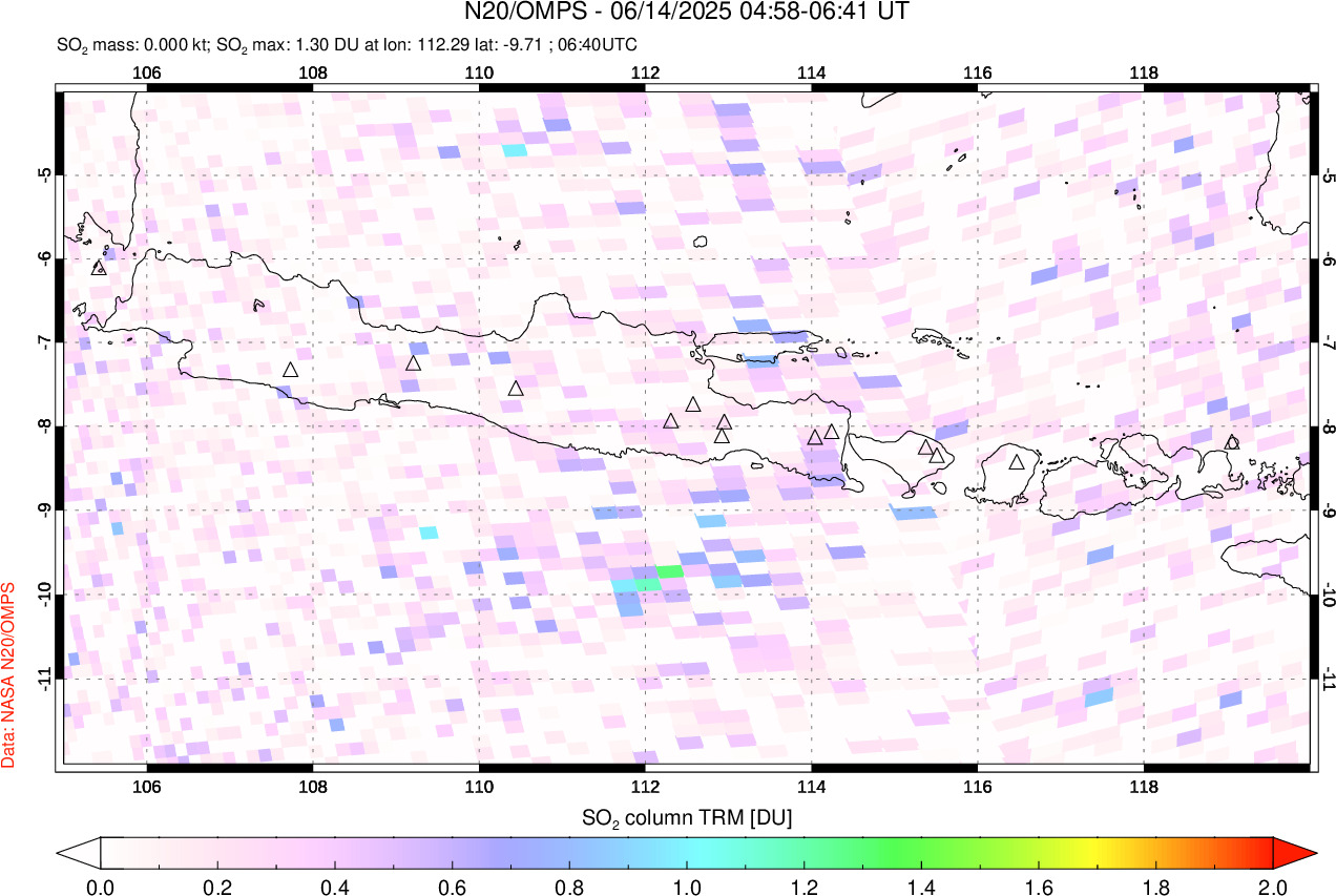 A sulfur dioxide image over Java, Indonesia on Jun 14, 2025.