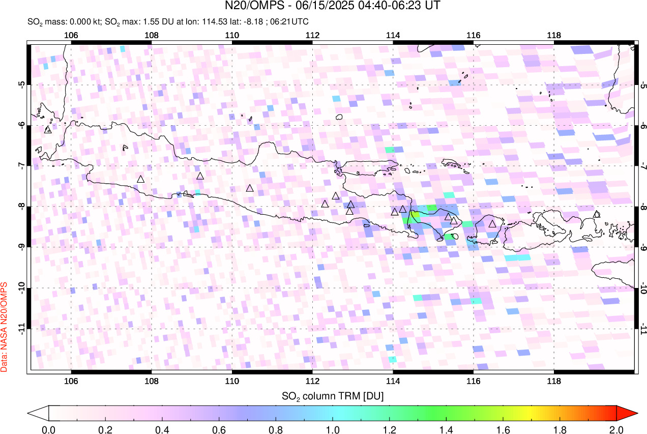 A sulfur dioxide image over Java, Indonesia on Jun 15, 2025.