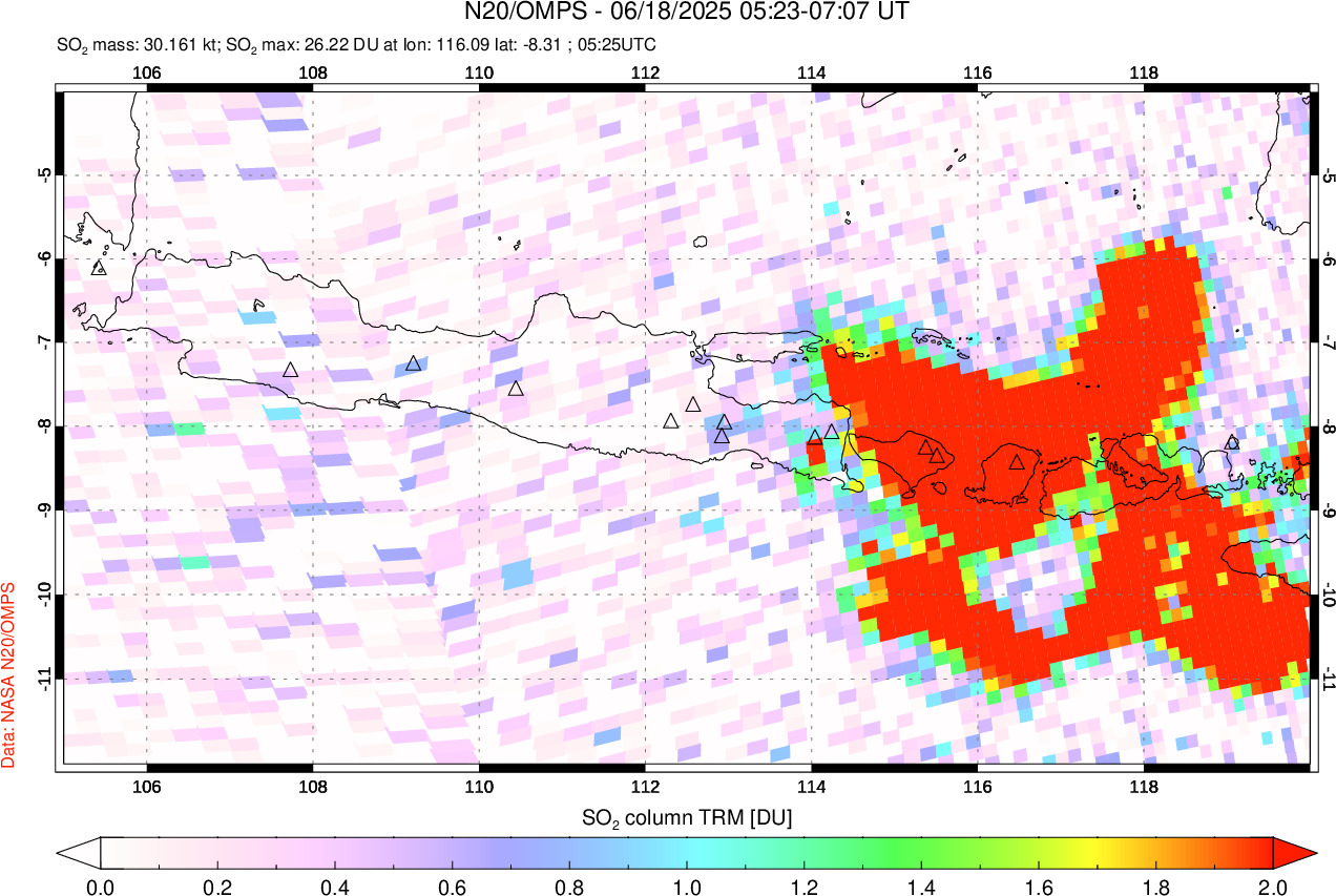 A sulfur dioxide image over Java, Indonesia on Jun 18, 2025.