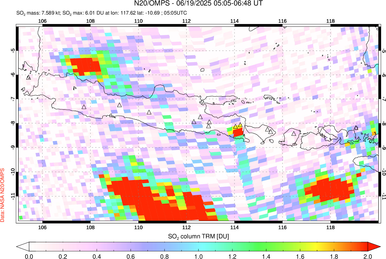 A sulfur dioxide image over Java, Indonesia on Jun 19, 2025.
