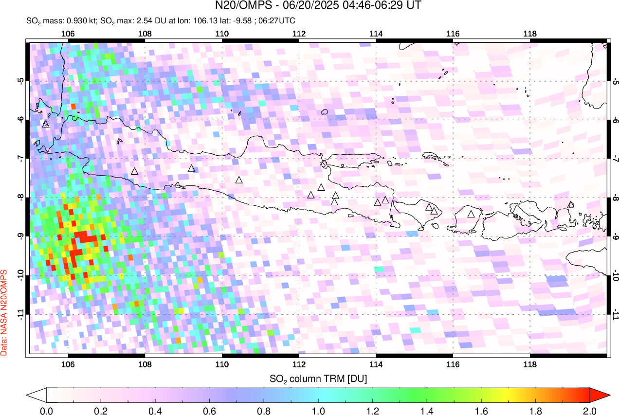 A sulfur dioxide image over Java, Indonesia on Jun 20, 2025.