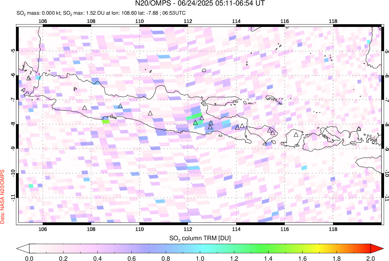 A sulfur dioxide image over Java, Indonesia on Jun 24, 2025.