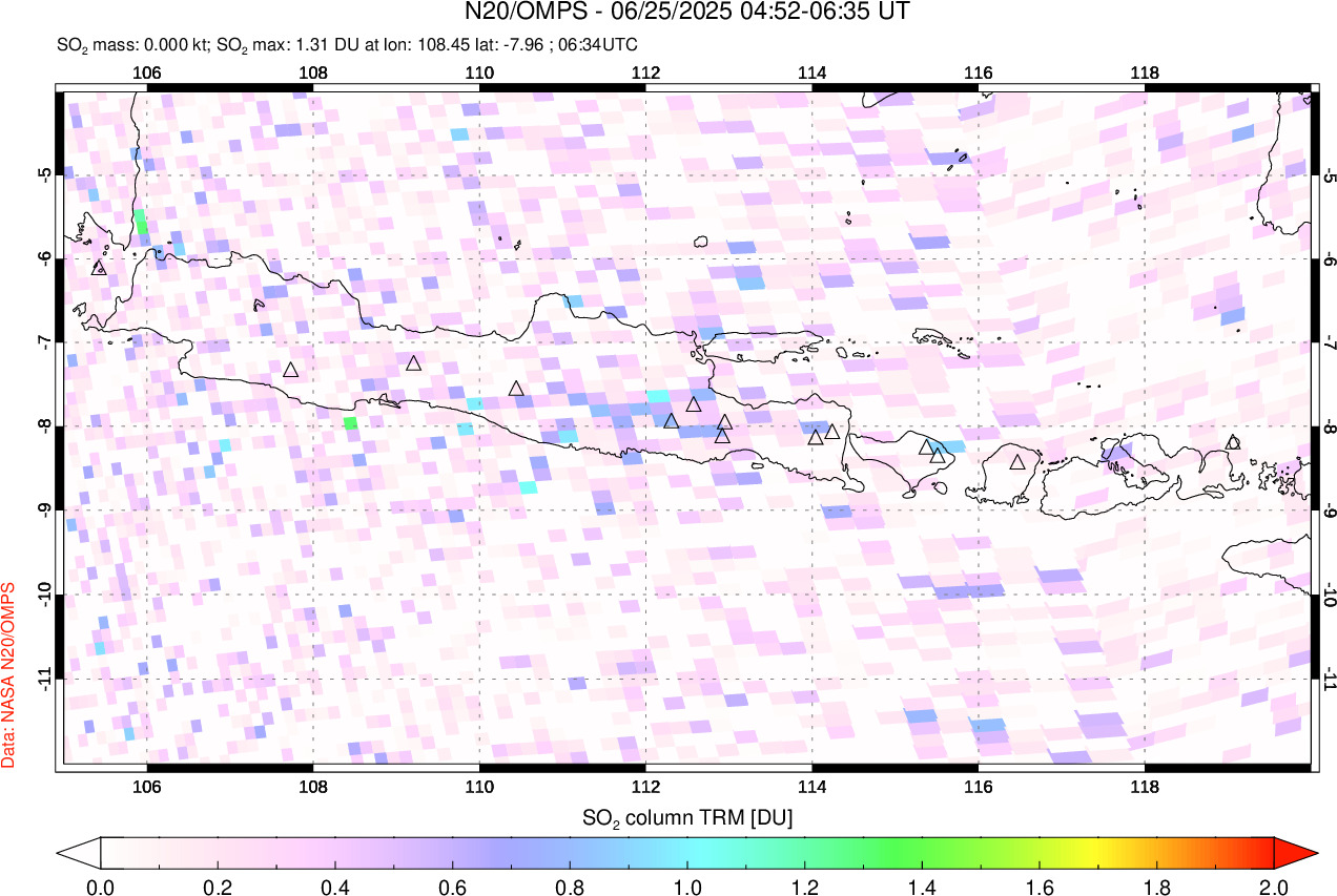 A sulfur dioxide image over Java, Indonesia on Jun 25, 2025.