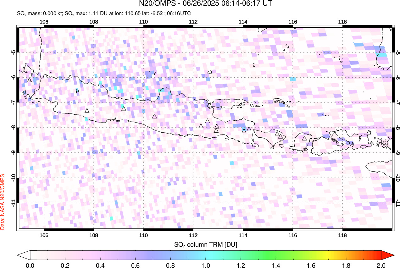 A sulfur dioxide image over Java, Indonesia on Jun 26, 2025.