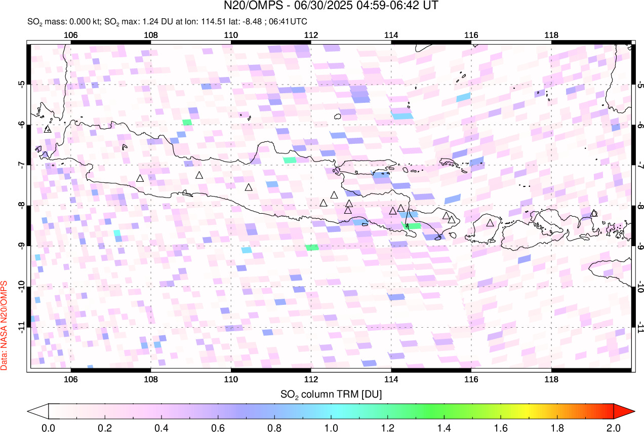 A sulfur dioxide image over Java, Indonesia on Jun 30, 2025.