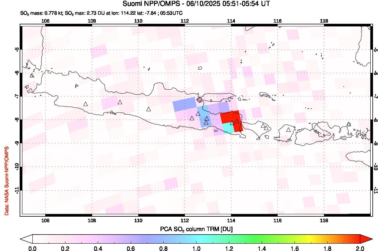 A sulfur dioxide image over Java, Indonesia on Jun 10, 2025.