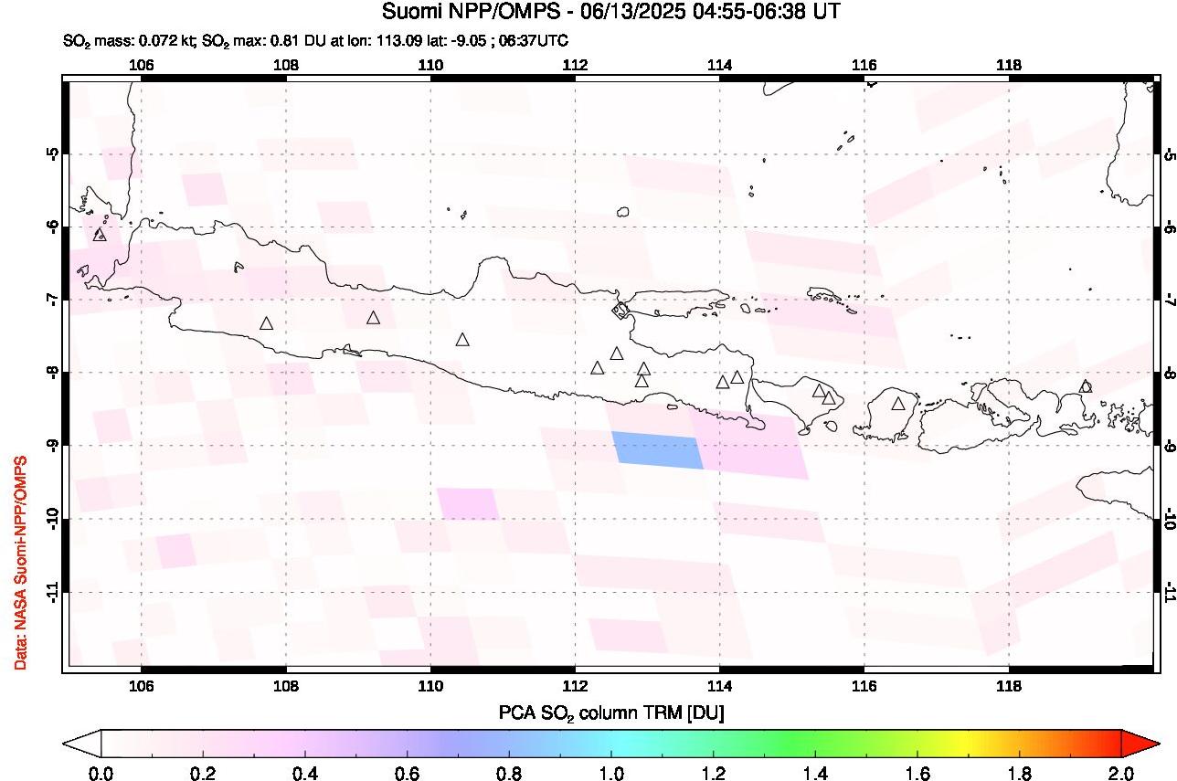 A sulfur dioxide image over Java, Indonesia on Jun 13, 2025.