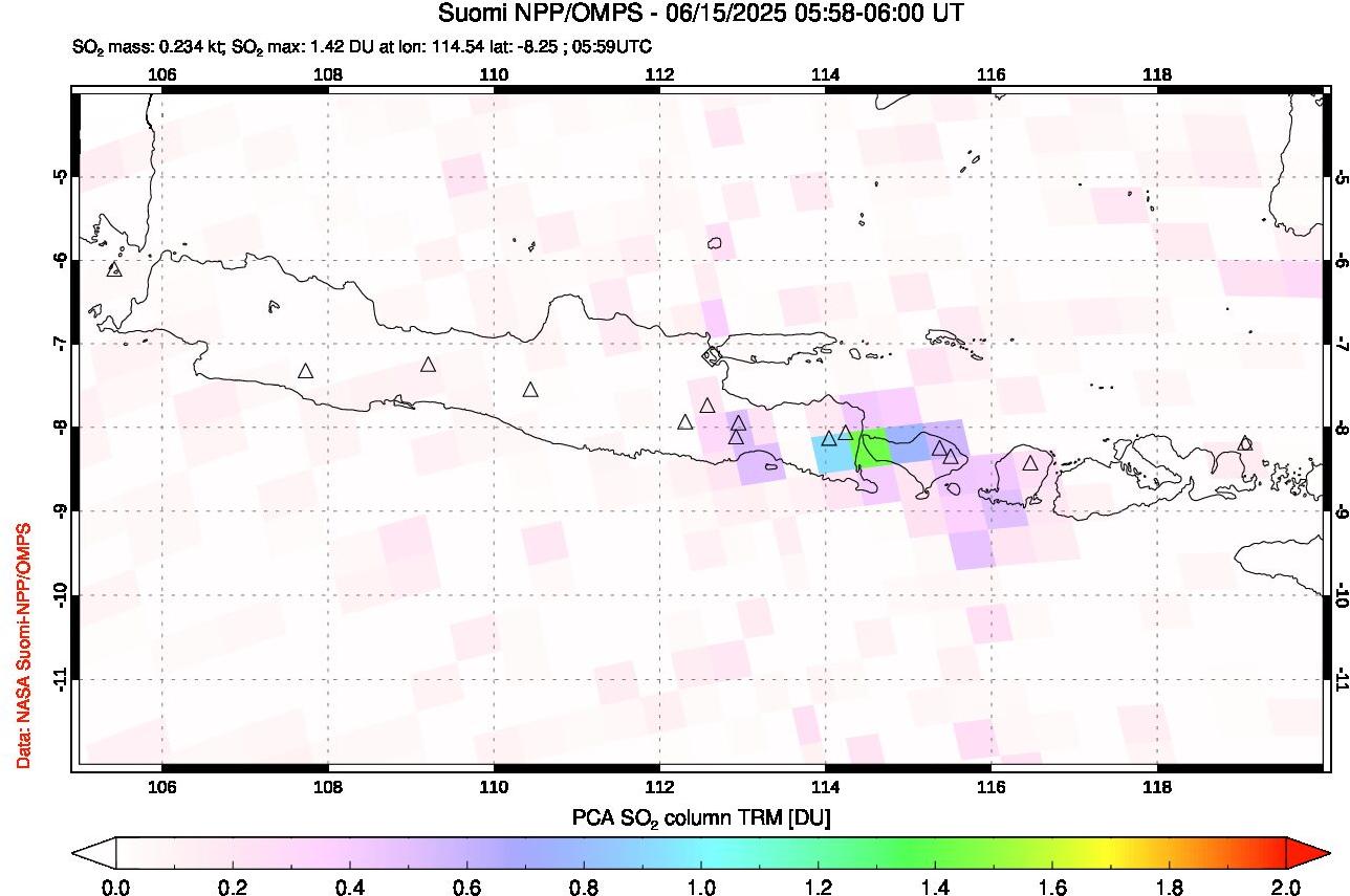 A sulfur dioxide image over Java, Indonesia on Jun 15, 2025.