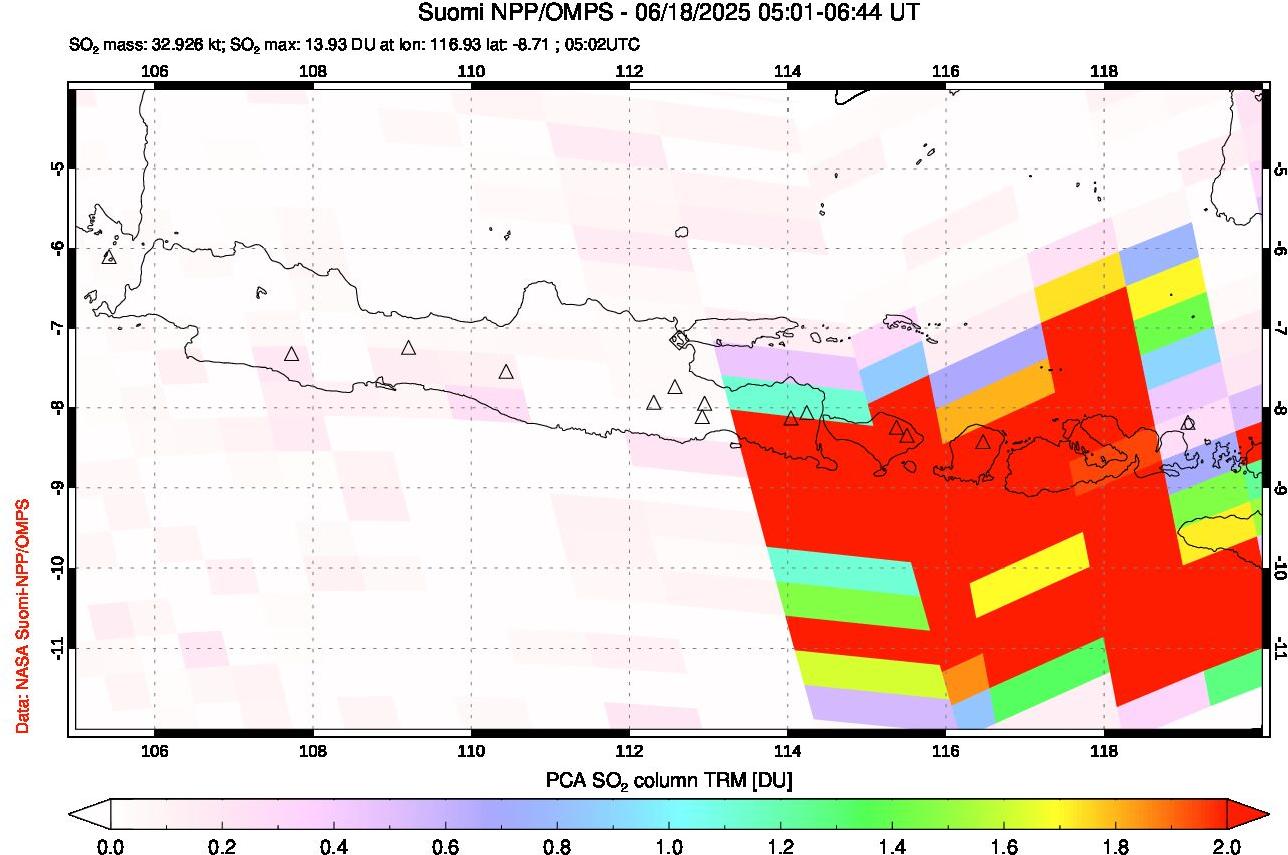 A sulfur dioxide image over Java, Indonesia on Jun 18, 2025.