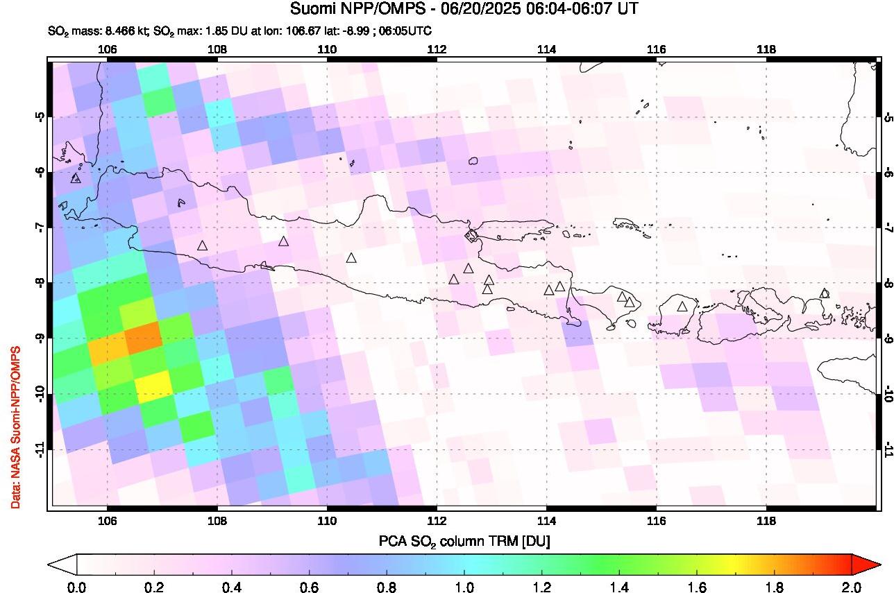 A sulfur dioxide image over Java, Indonesia on Jun 20, 2025.