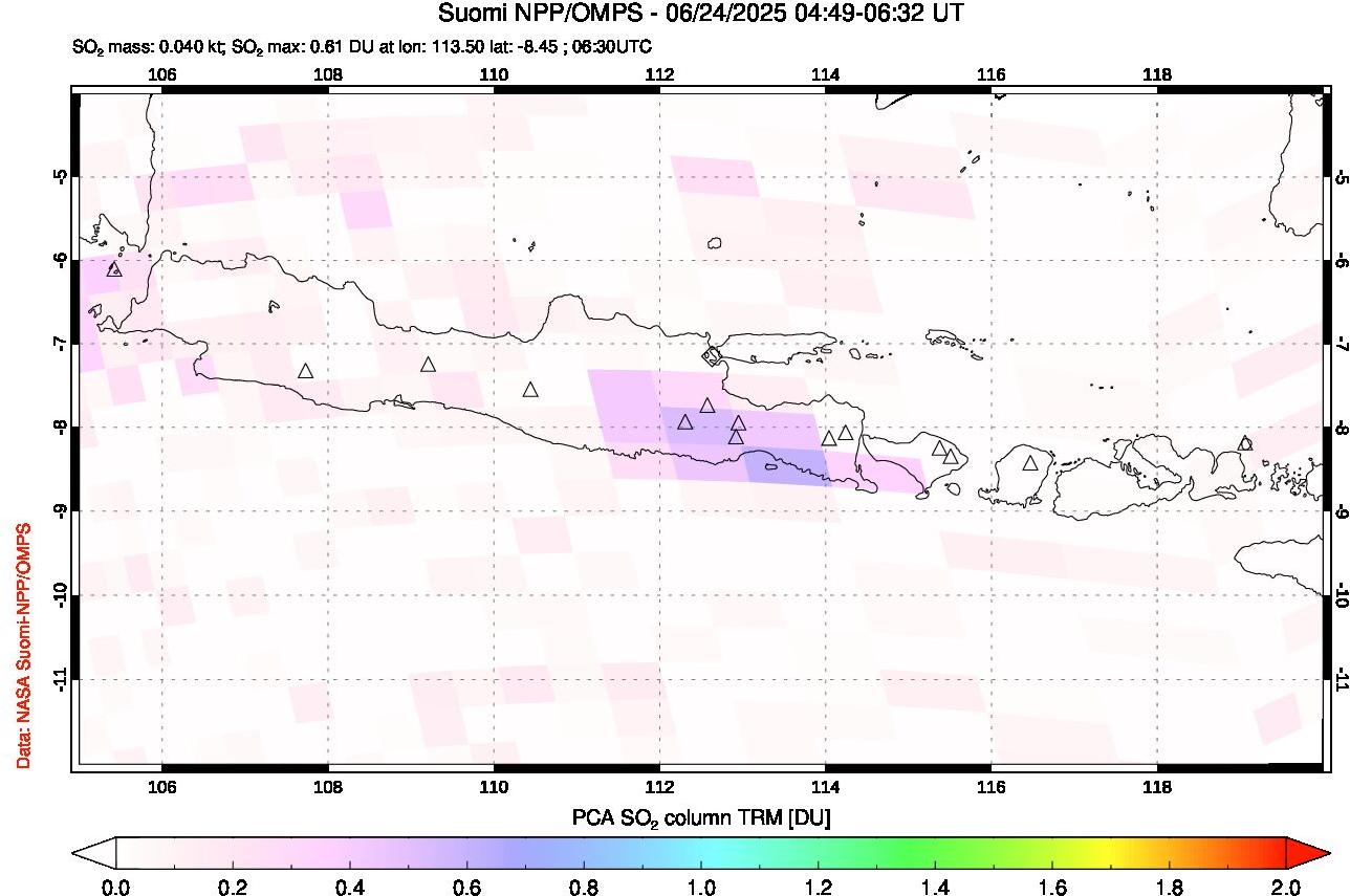 A sulfur dioxide image over Java, Indonesia on Jun 24, 2025.