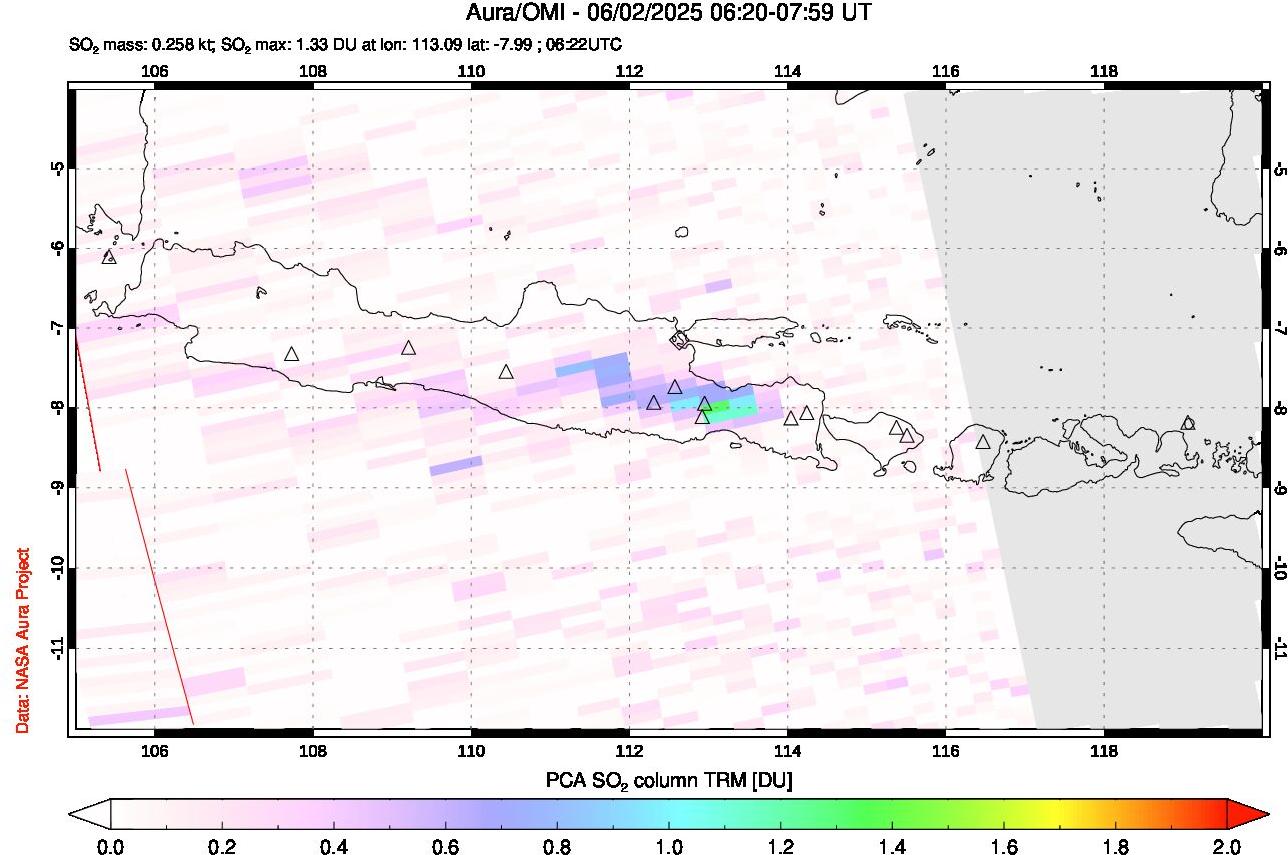 A sulfur dioxide image over Java, Indonesia on Jun 02, 2025.