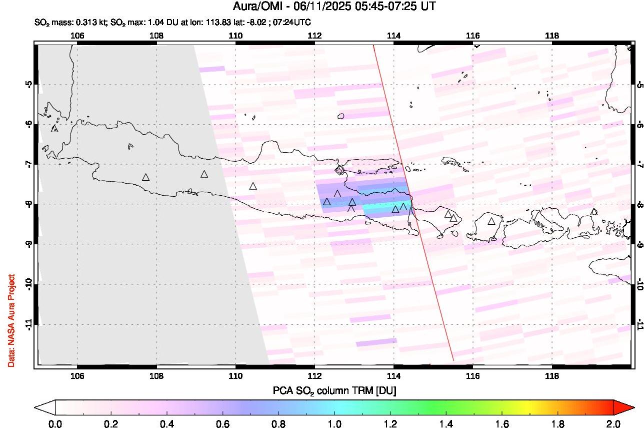 A sulfur dioxide image over Java, Indonesia on Jun 11, 2025.