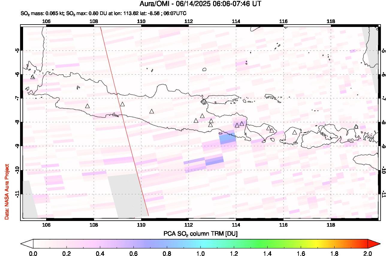 A sulfur dioxide image over Java, Indonesia on Jun 14, 2025.