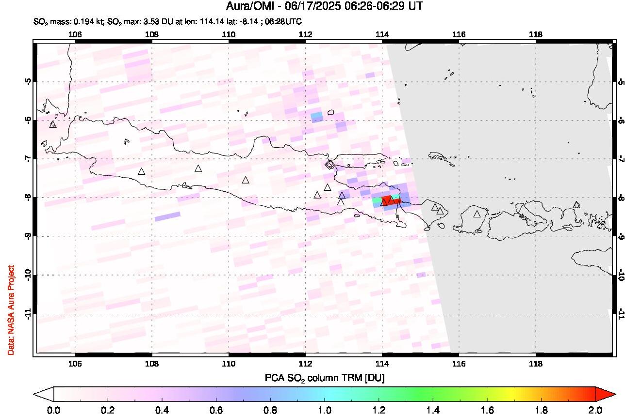 A sulfur dioxide image over Java, Indonesia on Jun 17, 2025.