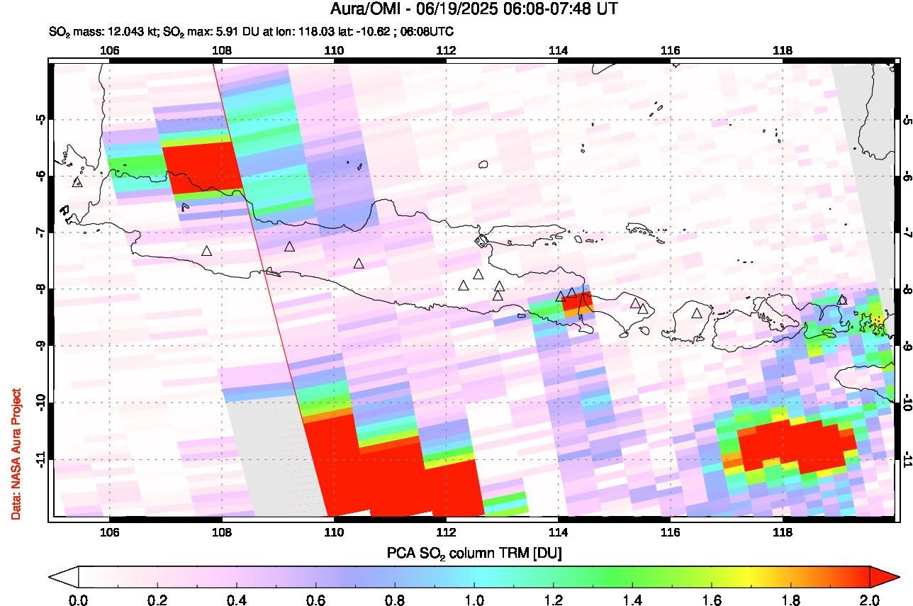 A sulfur dioxide image over Java, Indonesia on Jun 19, 2025.