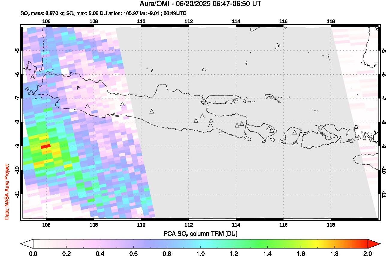 A sulfur dioxide image over Java, Indonesia on Jun 20, 2025.