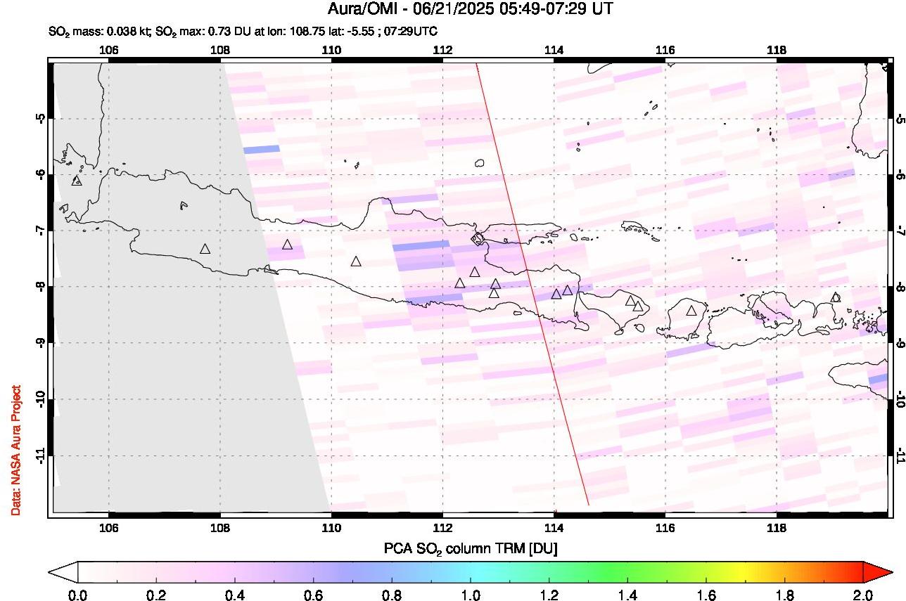 A sulfur dioxide image over Java, Indonesia on Jun 21, 2025.