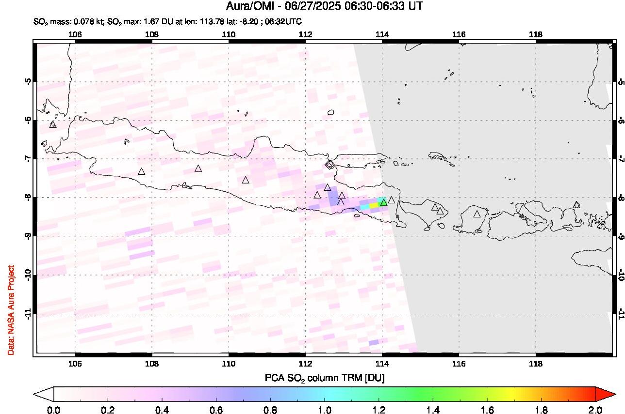 A sulfur dioxide image over Java, Indonesia on Jun 27, 2025.