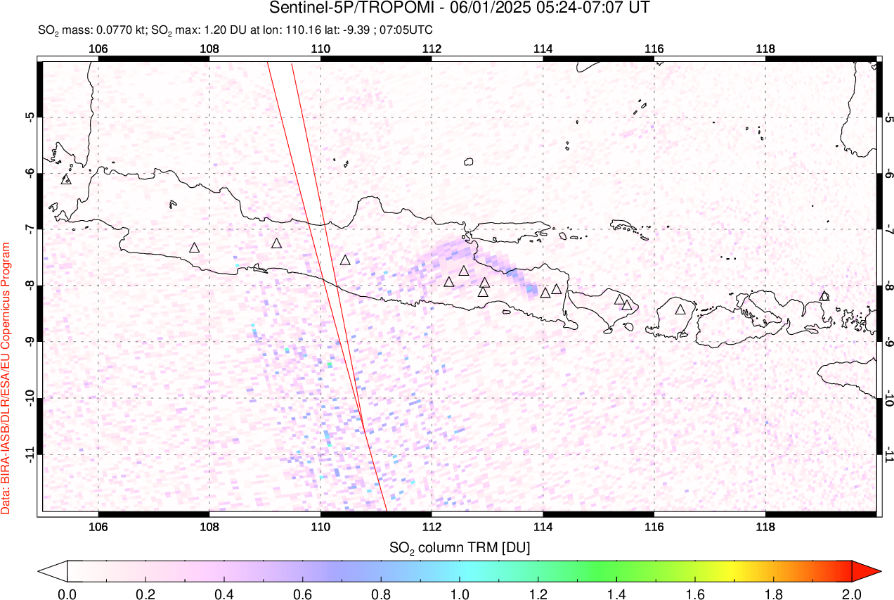 A sulfur dioxide image over Java, Indonesia on Jun 01, 2025.