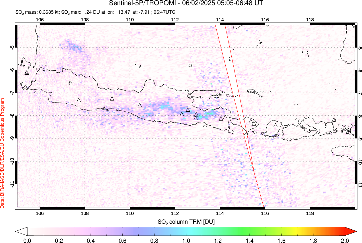 A sulfur dioxide image over Java, Indonesia on Jun 02, 2025.