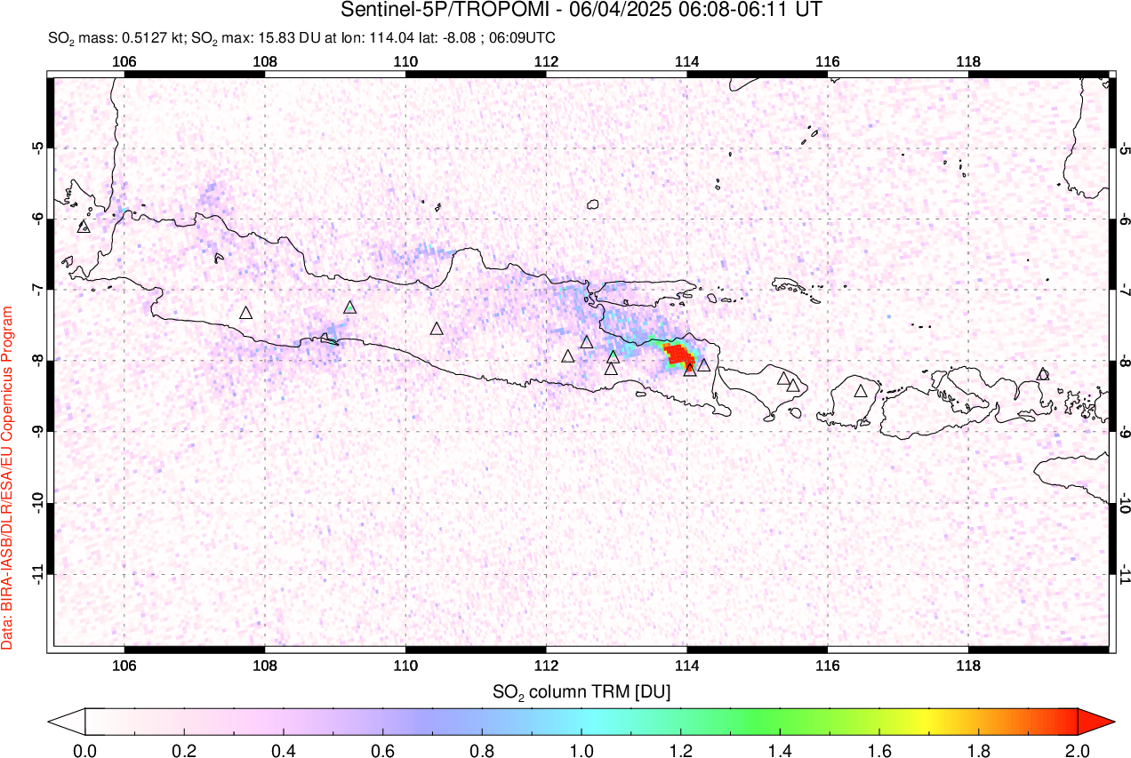 A sulfur dioxide image over Java, Indonesia on Jun 04, 2025.