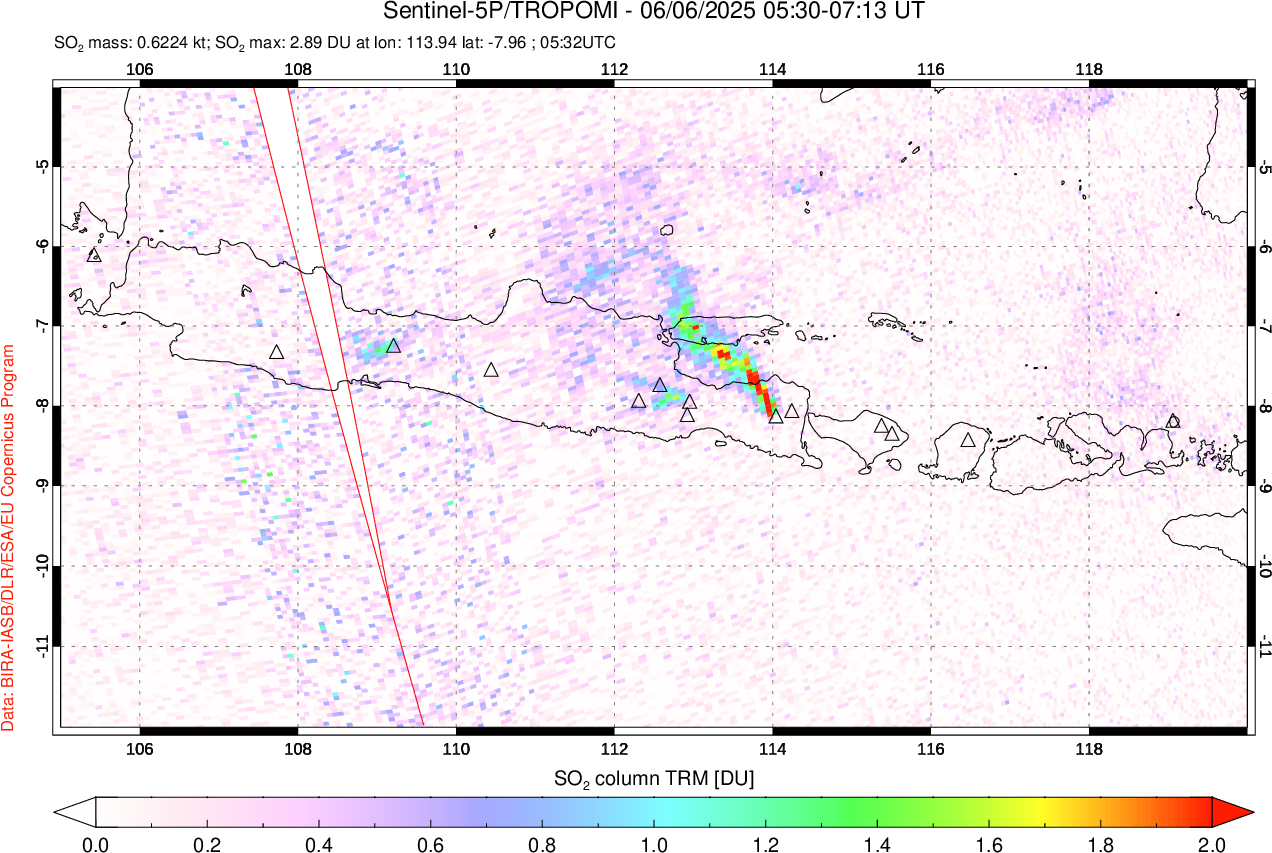 A sulfur dioxide image over Java, Indonesia on Jun 06, 2025.