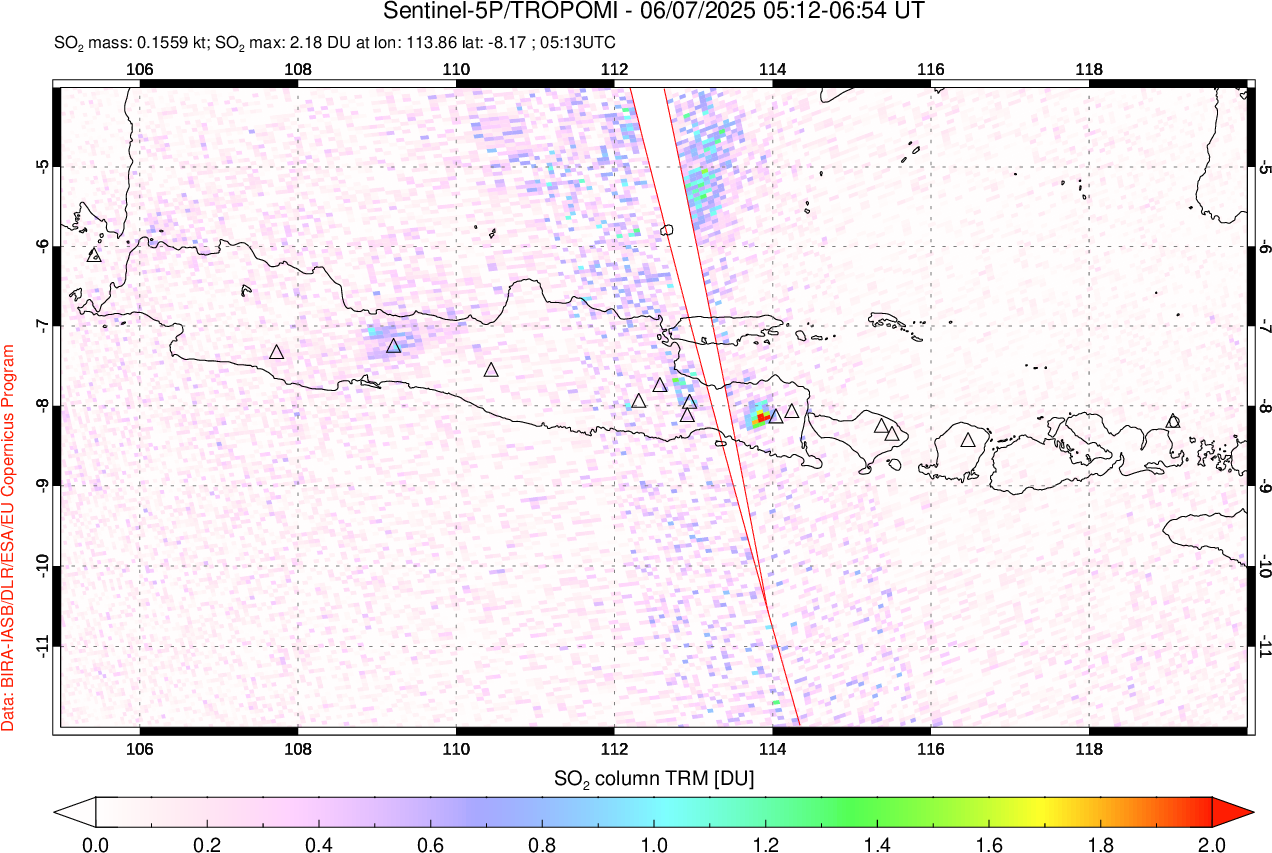 A sulfur dioxide image over Java, Indonesia on Jun 07, 2025.