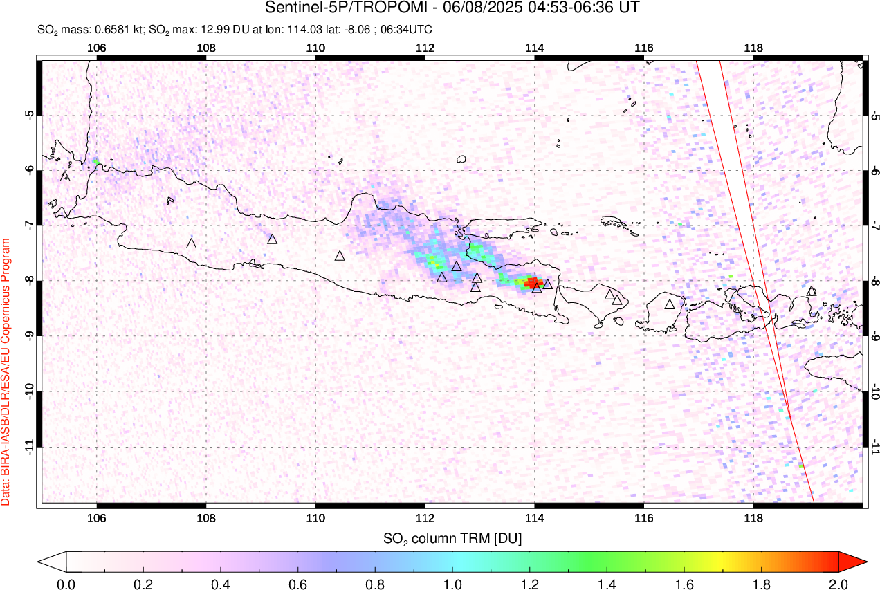 A sulfur dioxide image over Java, Indonesia on Jun 08, 2025.