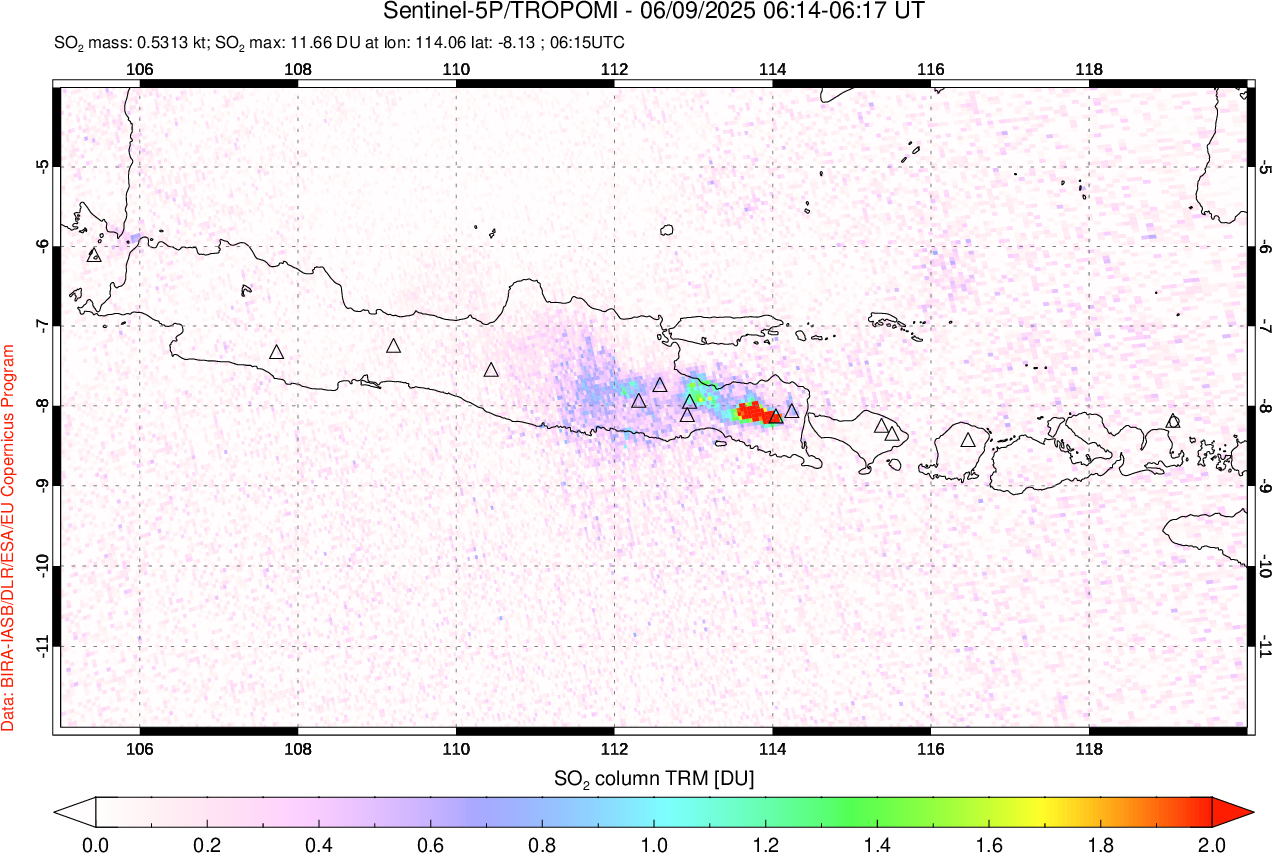A sulfur dioxide image over Java, Indonesia on Jun 09, 2025.