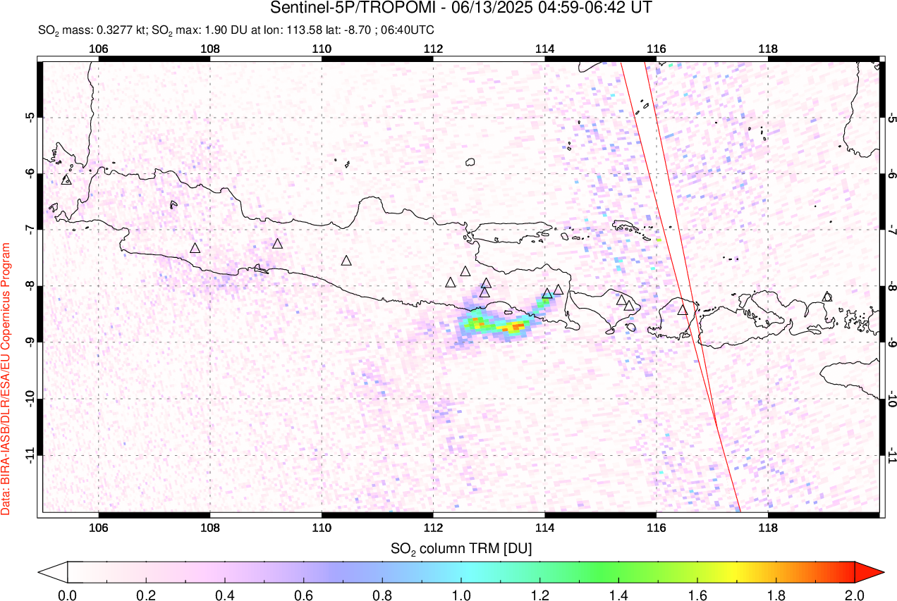 A sulfur dioxide image over Java, Indonesia on Jun 13, 2025.