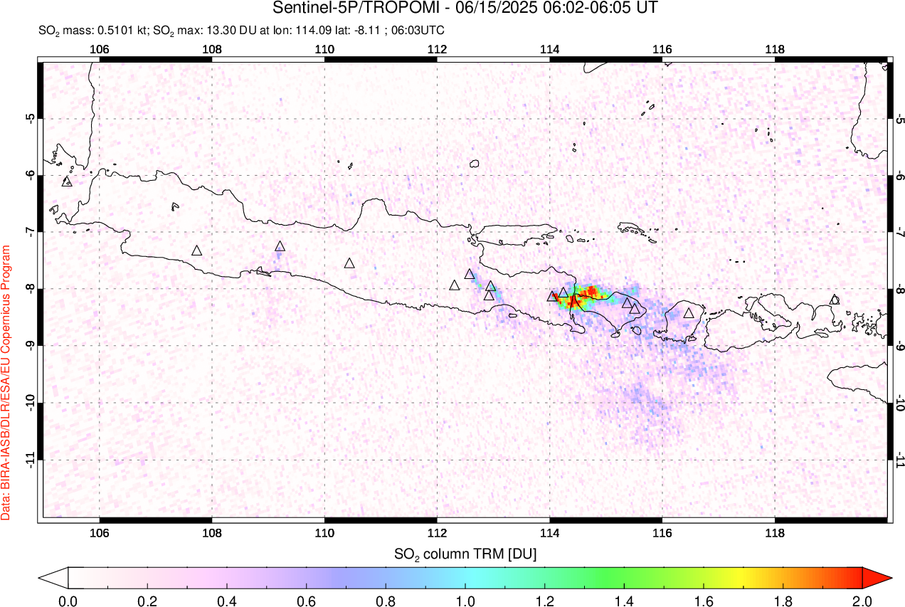 A sulfur dioxide image over Java, Indonesia on Jun 15, 2025.