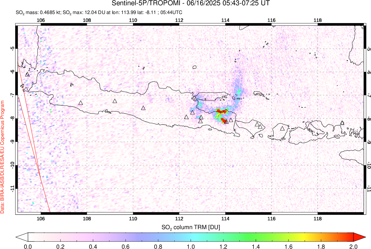 A sulfur dioxide image over Java, Indonesia on Jun 16, 2025.