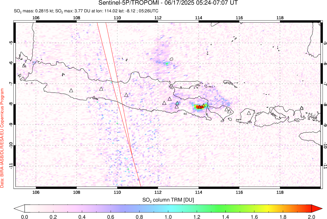 A sulfur dioxide image over Java, Indonesia on Jun 17, 2025.