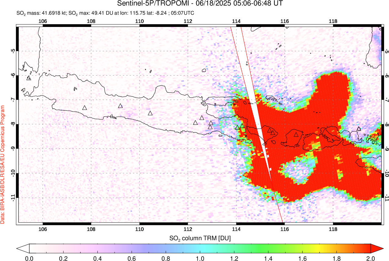 A sulfur dioxide image over Java, Indonesia on Jun 18, 2025.