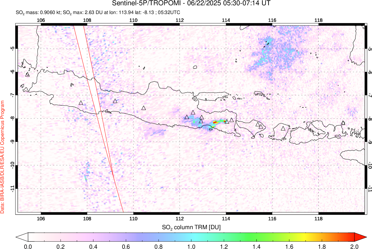 A sulfur dioxide image over Java, Indonesia on Jun 22, 2025.