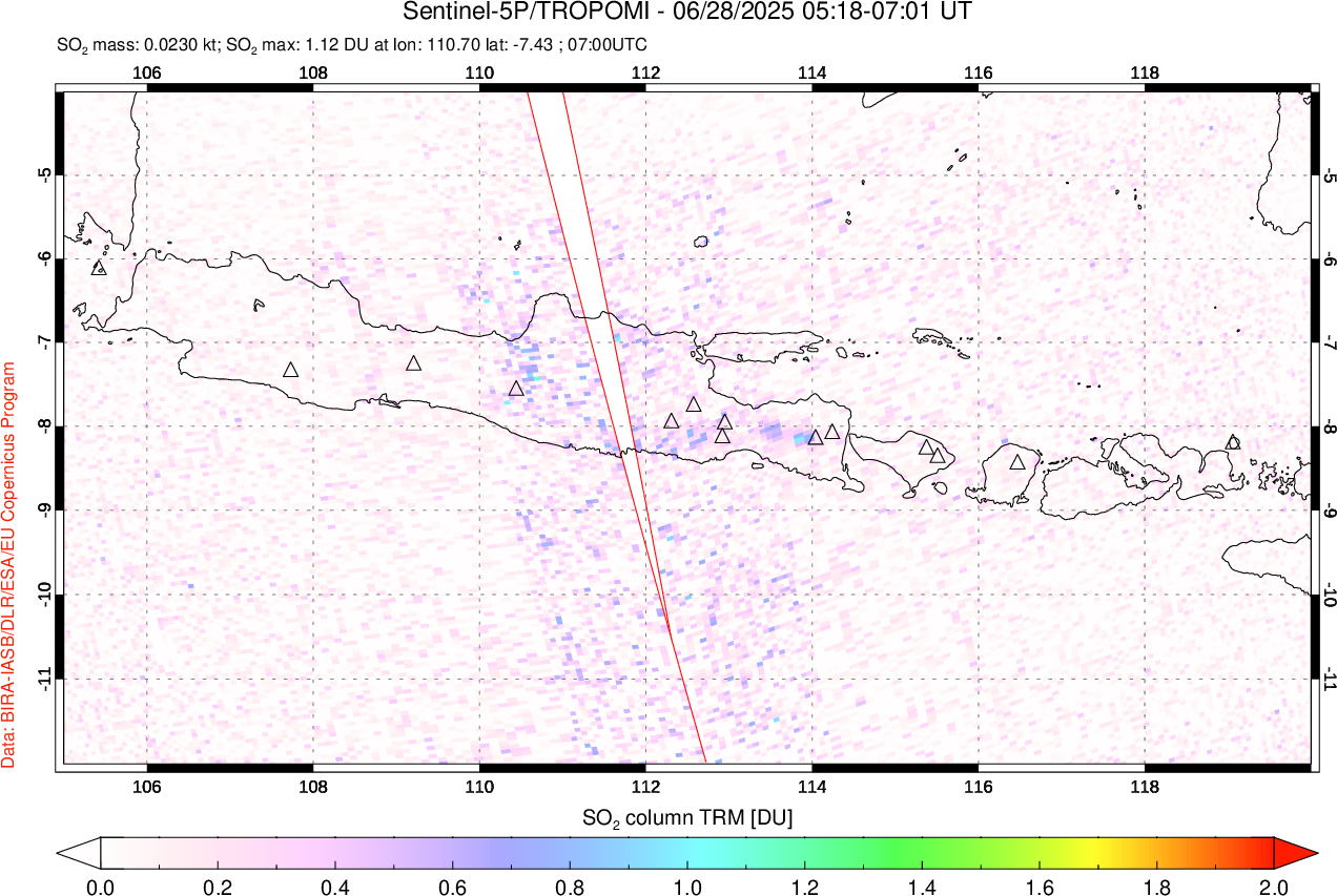 A sulfur dioxide image over Java, Indonesia on Jun 28, 2025.
