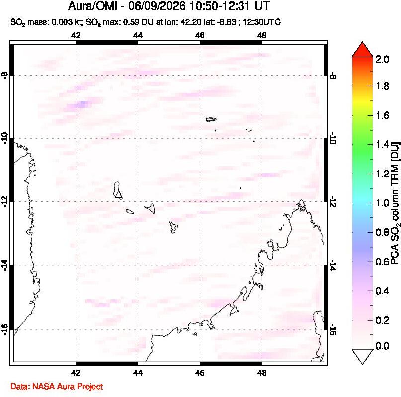 A sulfur dioxide image over Comoro Islands on Jun 09, 2026.