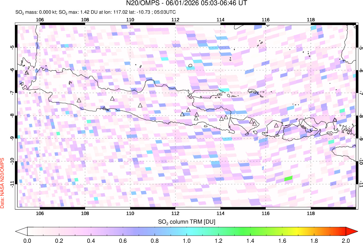 A sulfur dioxide image over Java, Indonesia on Jun 01, 2026.
