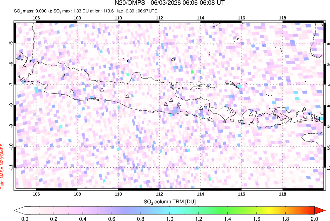 A sulfur dioxide image over Java, Indonesia on Jun 03, 2026.