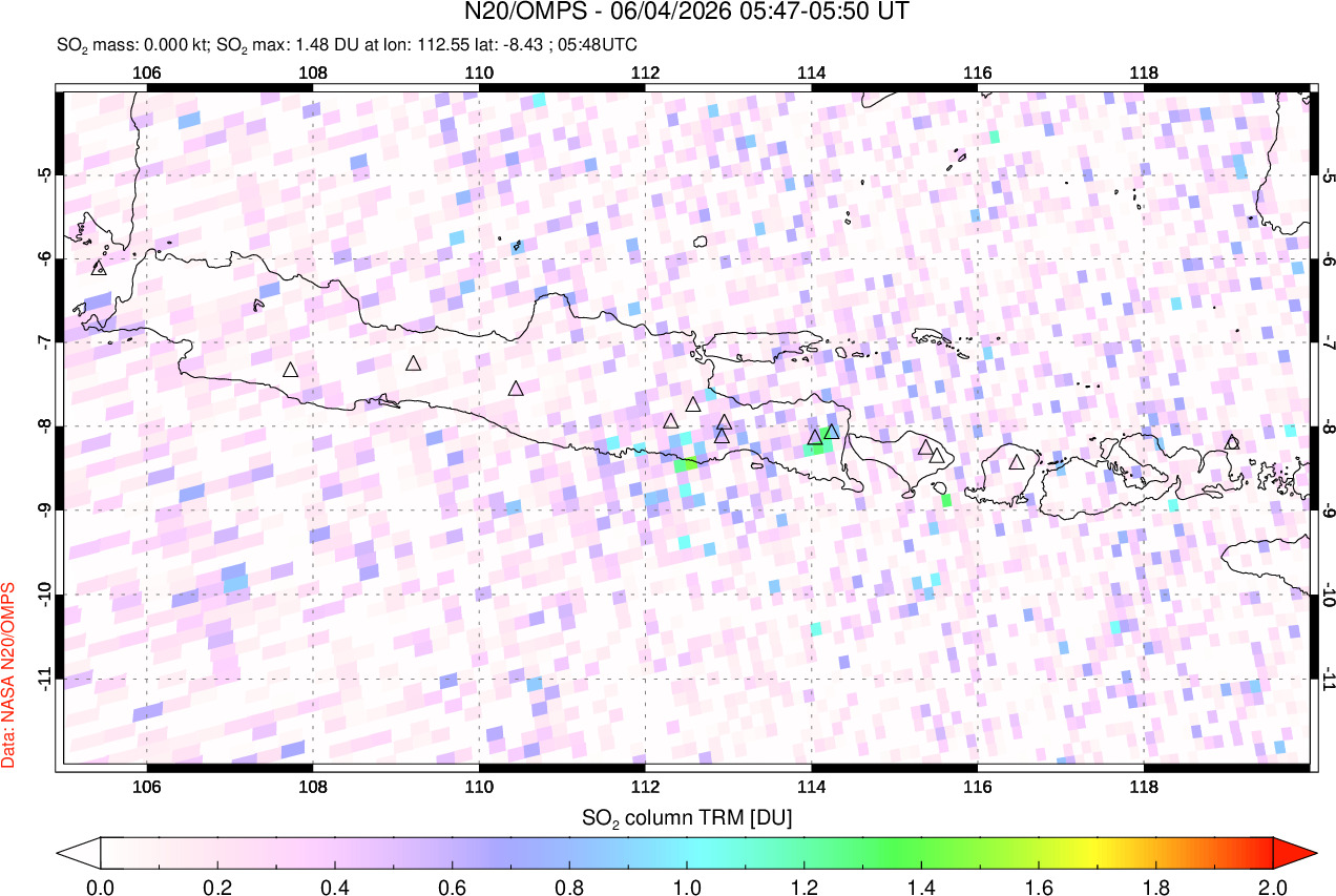 A sulfur dioxide image over Java, Indonesia on Jun 04, 2026.