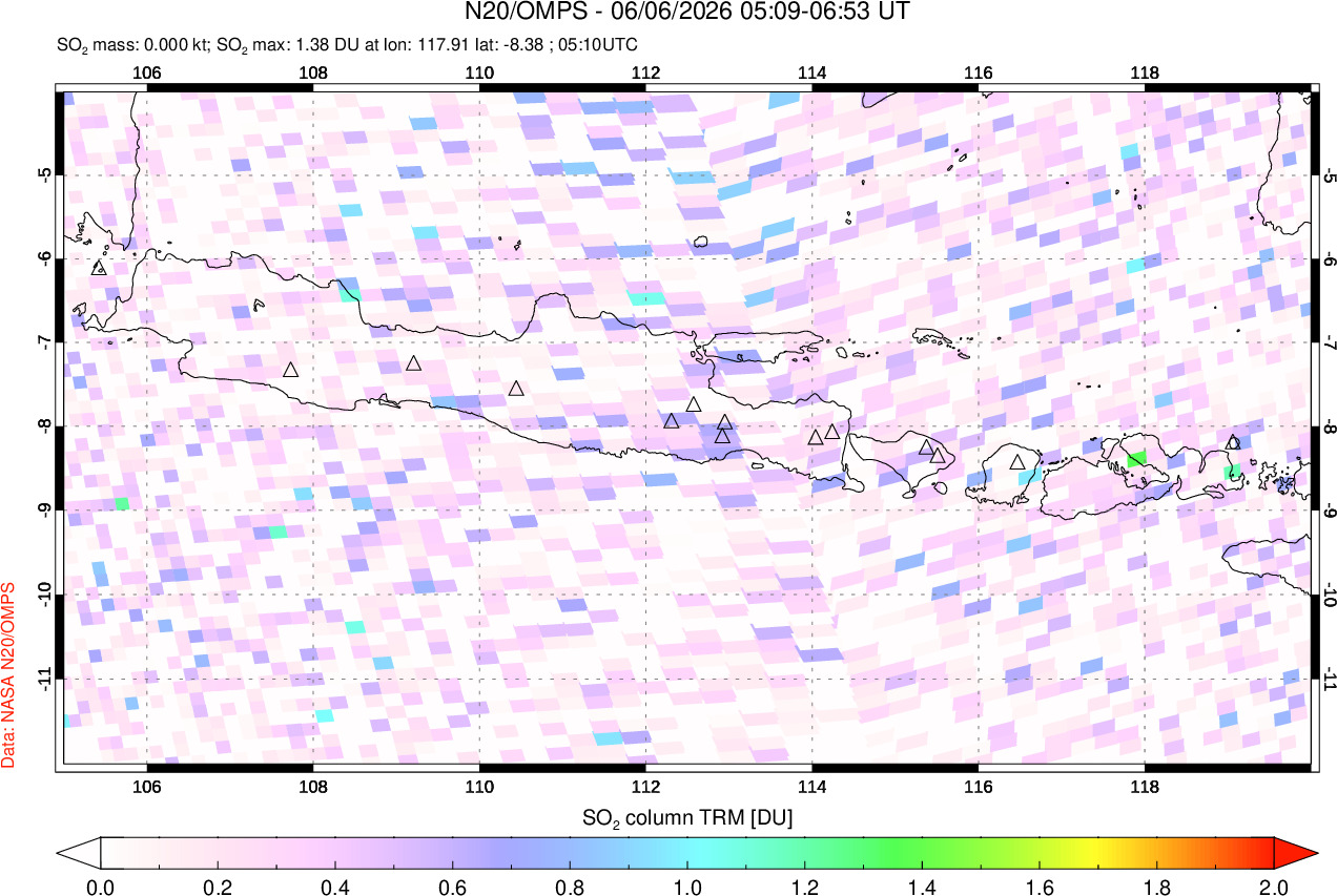 A sulfur dioxide image over Java, Indonesia on Jun 06, 2026.