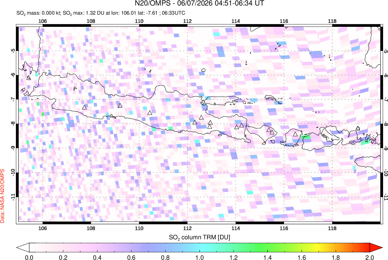 A sulfur dioxide image over Java, Indonesia on Jun 07, 2026.